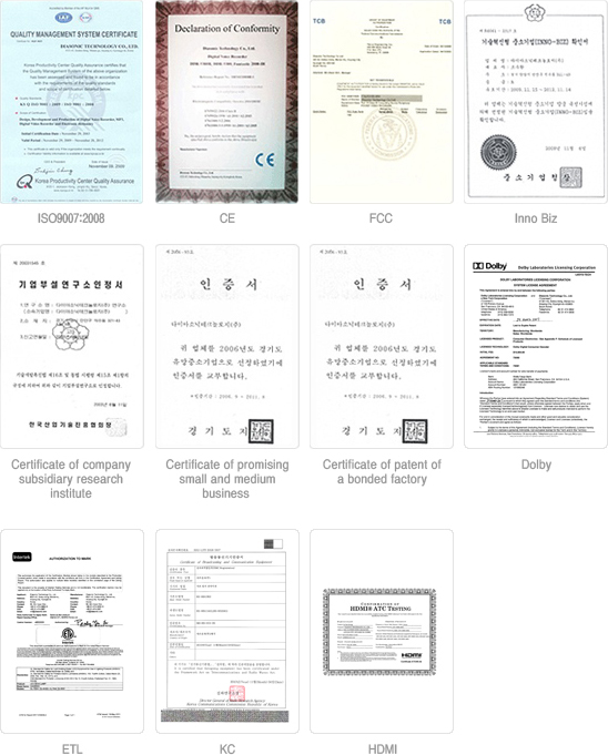 ISO9007:2008 / CE / FCC / Inno Biz / Certificate of company subsidiary research / Certificate of promising small and medium business institute / Certificate of patent of a bonded factory / Dolby / ETL / KC / HDMI