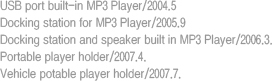 - USB port built-in MP3 Player/2004.5 - Docking station for MP3 Player/2005.9 - Docking station and speaker built in MP3 Player/2006.3. - Potable player holder/2007.4. - Vehicle potable player holder/2007.7.