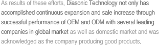 As results of these efforts, Diasonic Technology not only has accomplished continuous expansion and sale increase through 
successful performance of OEM and ODM with several leading companies in global market as well as domestic market and was acknowledged as the company producing good products.