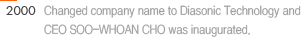 2000 : Changed company name to Diasonic Technology and CEO SOO-WHOAN CHO was inaugurated. 